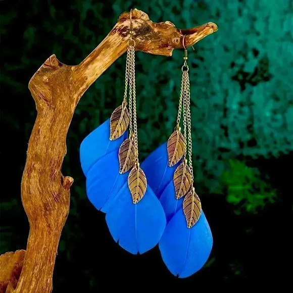 Blue Feathered Earrings - Picture 1 of 1